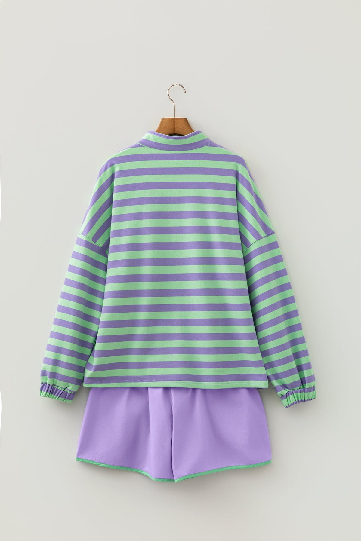 Stripe Half Button Long Sleeve Top and Shorts Set