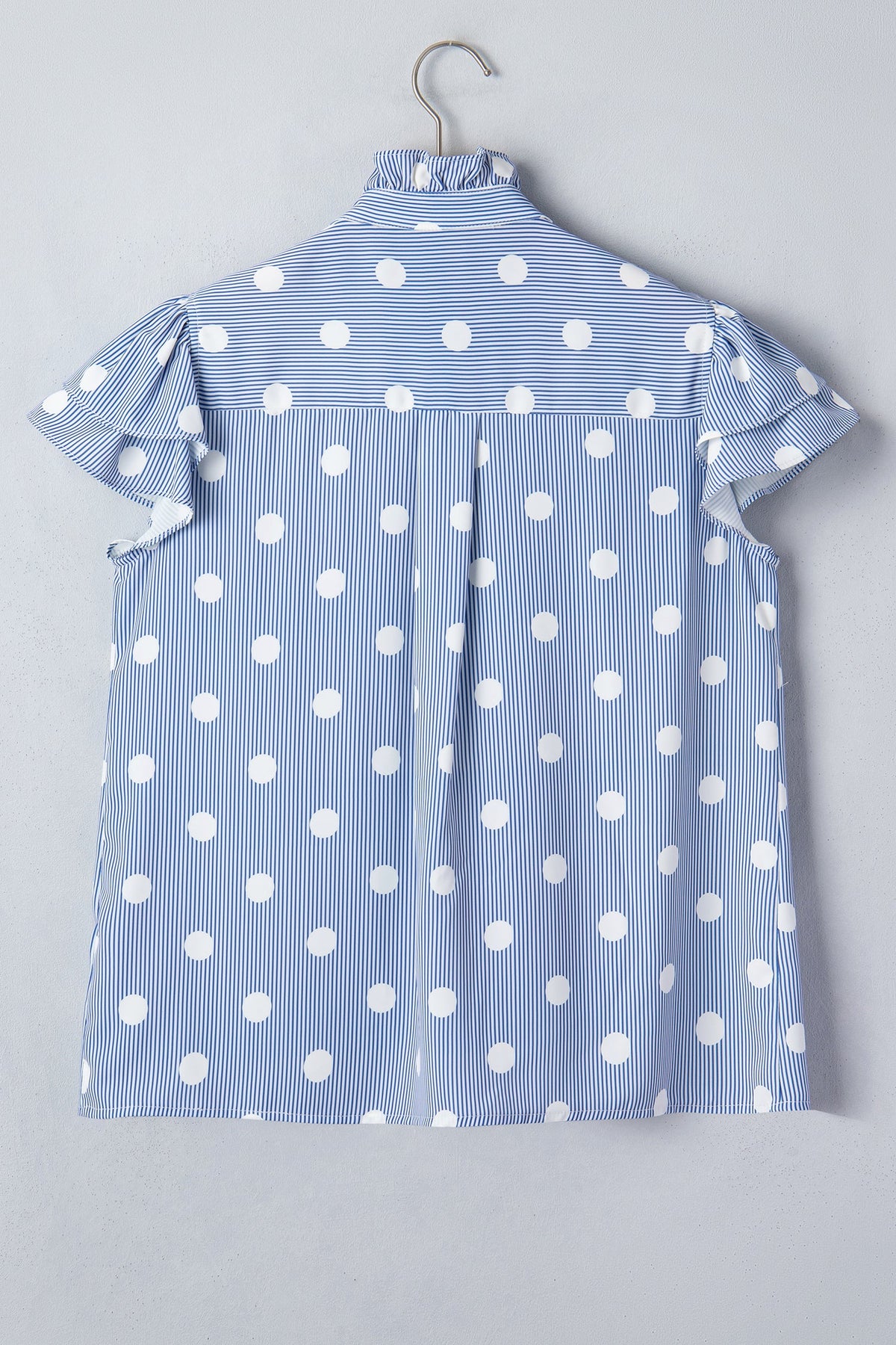 Stripe Contrast Polka Dot Pleated Ruffle Sleeve Shirt