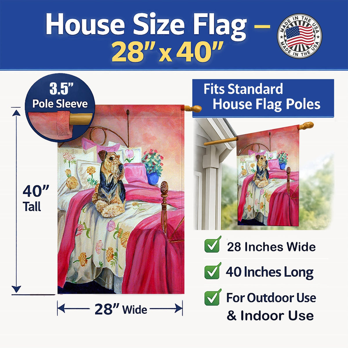 Airedale Waiting on Mom House Flag 28x40 Porch Sleeve Pole Decorative Outside Yard Banner Artwork Wall Hanging, Polyester