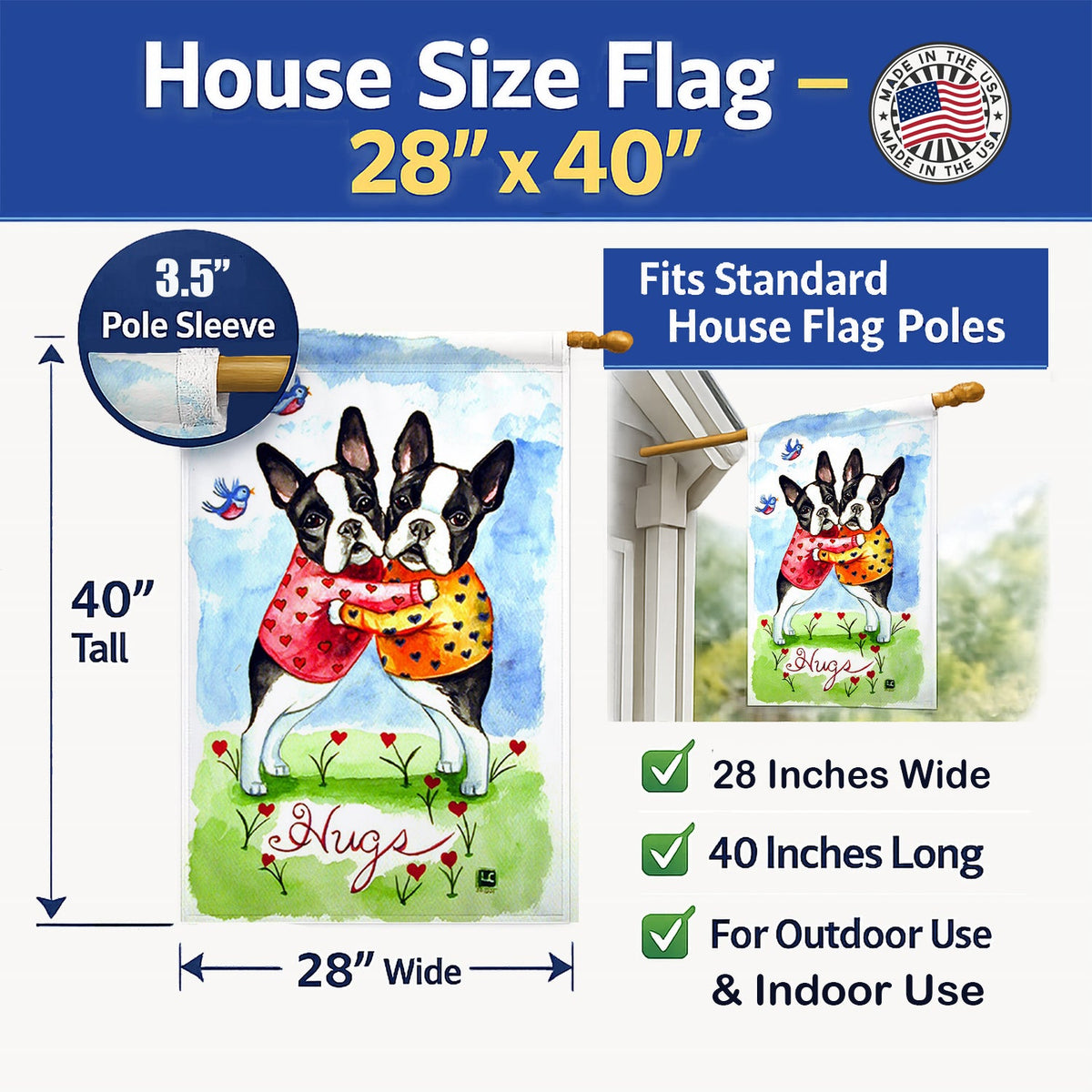 Hugs Boston Terrier House Flag 28x40 Porch Sleeve Pole Decorative Outside Yard Banner Artwork Wall Hanging, Polyester