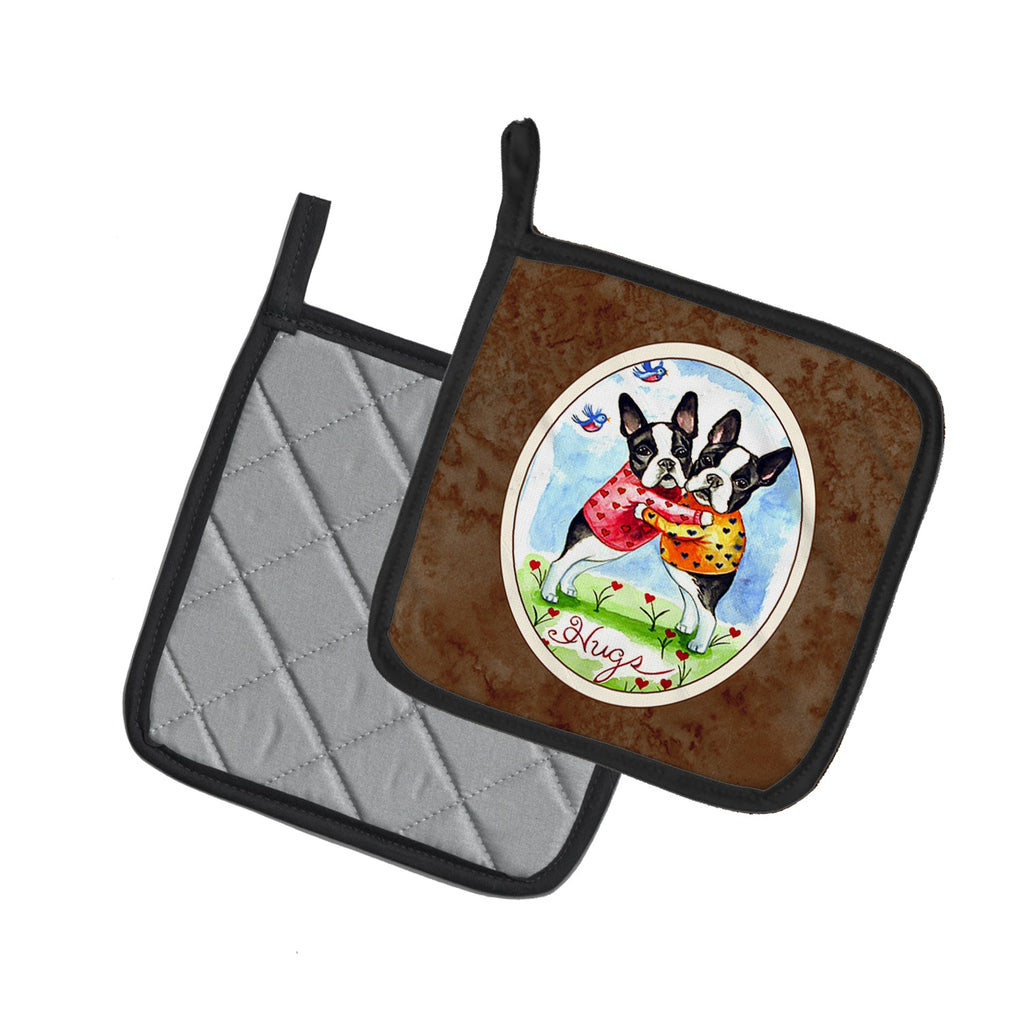 Hugs Boston Terrier Pot Holder Set of 2 Heat Resistant Quilted Hot Pads 7.5 x 7.5 Inch, Insulated Kitchen Trivets for Cooking & Baking