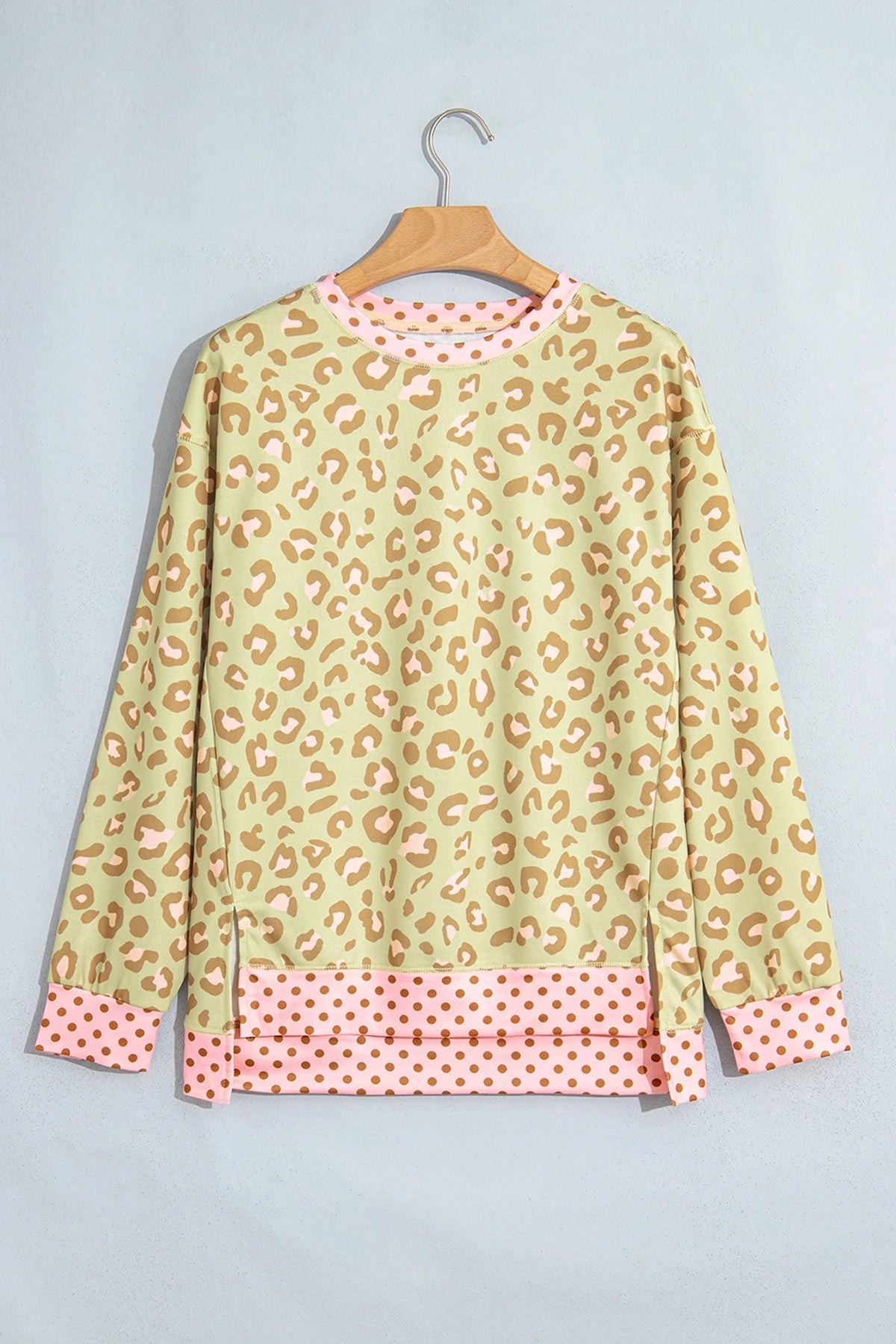 Leopard Polka Dot Colorblock Trim Long Sleeve Top