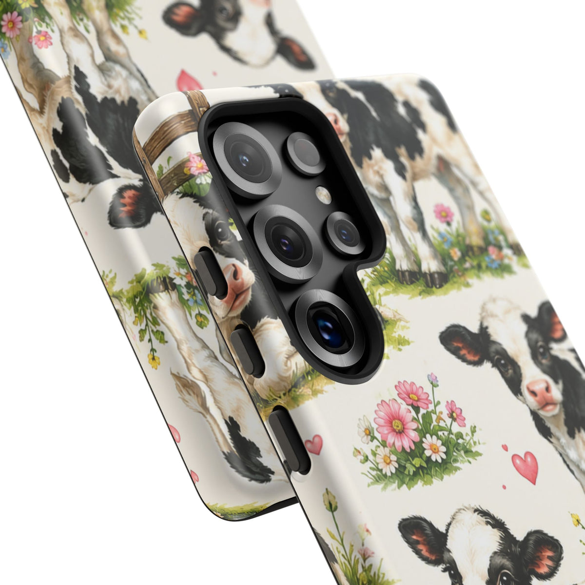 Cute Calf Pattern Phone Case – Pastel Cow Hearts & Flowers Protective Cover