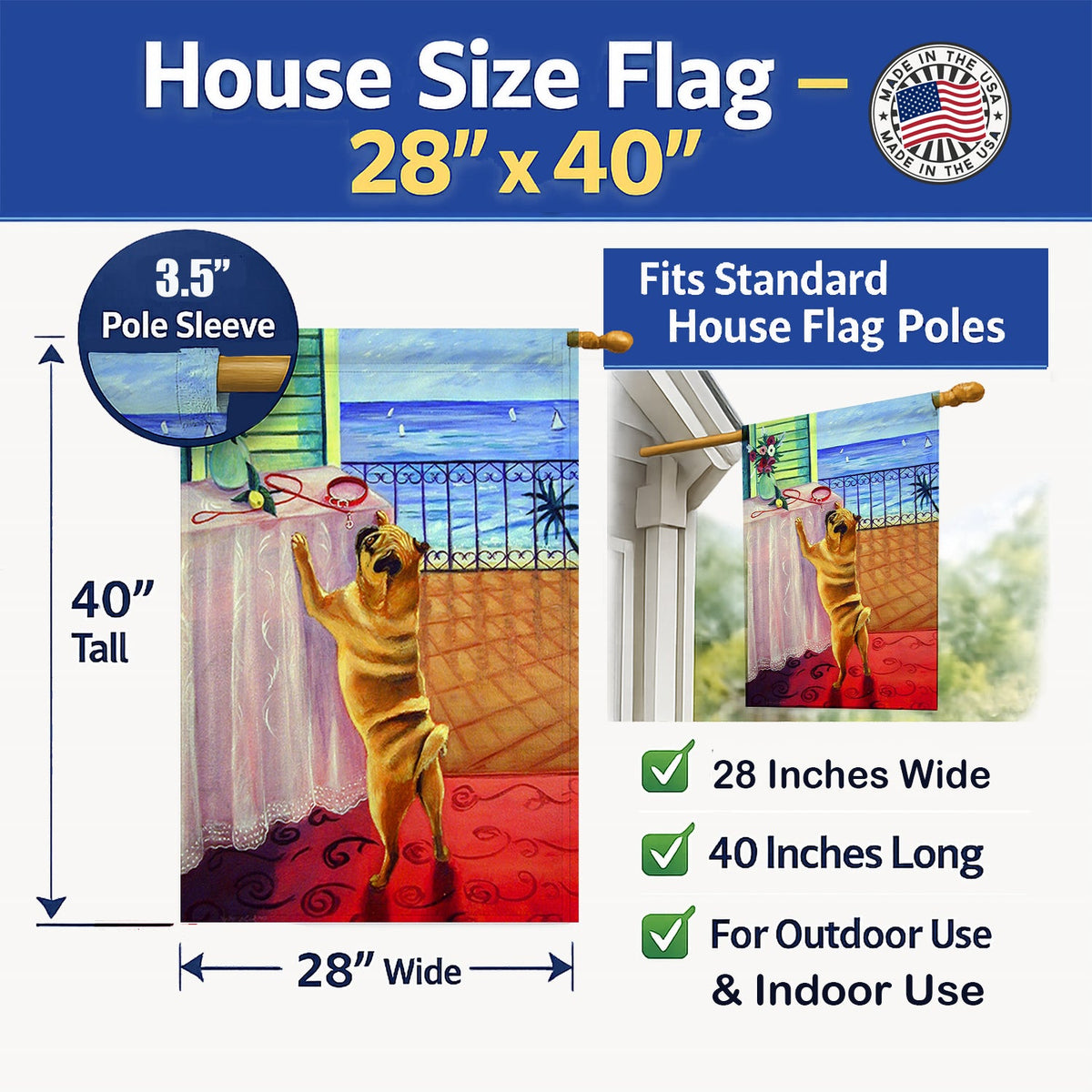 Helping Himself Fawn Pug House Flag 28x40 Porch Sleeve Pole Decorative Outside Yard Banner Artwork Wall Hanging, Polyester