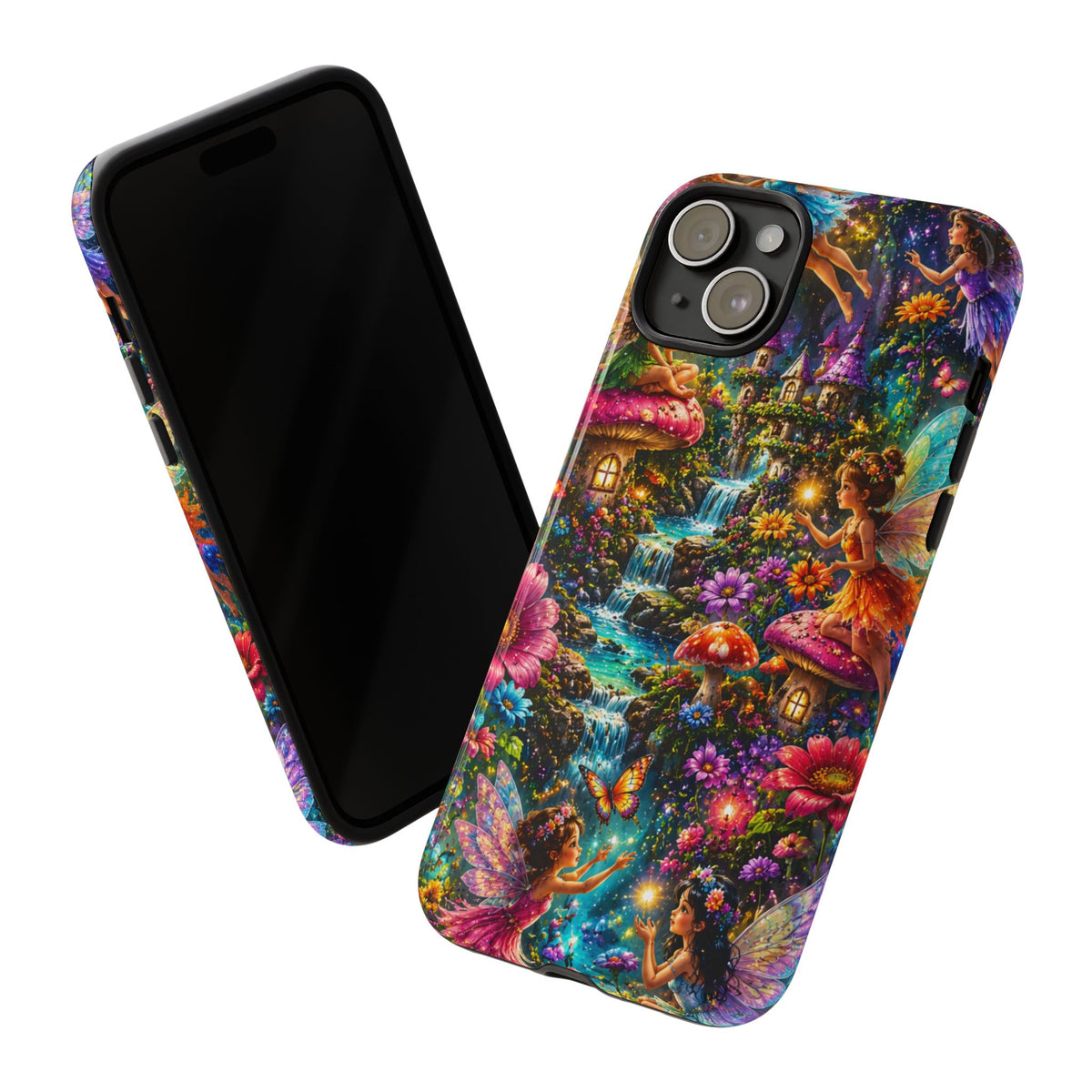 Fairy Garden Tough Phone Case — Whimsical Cottage, Waterfall & Mushroom Artwork