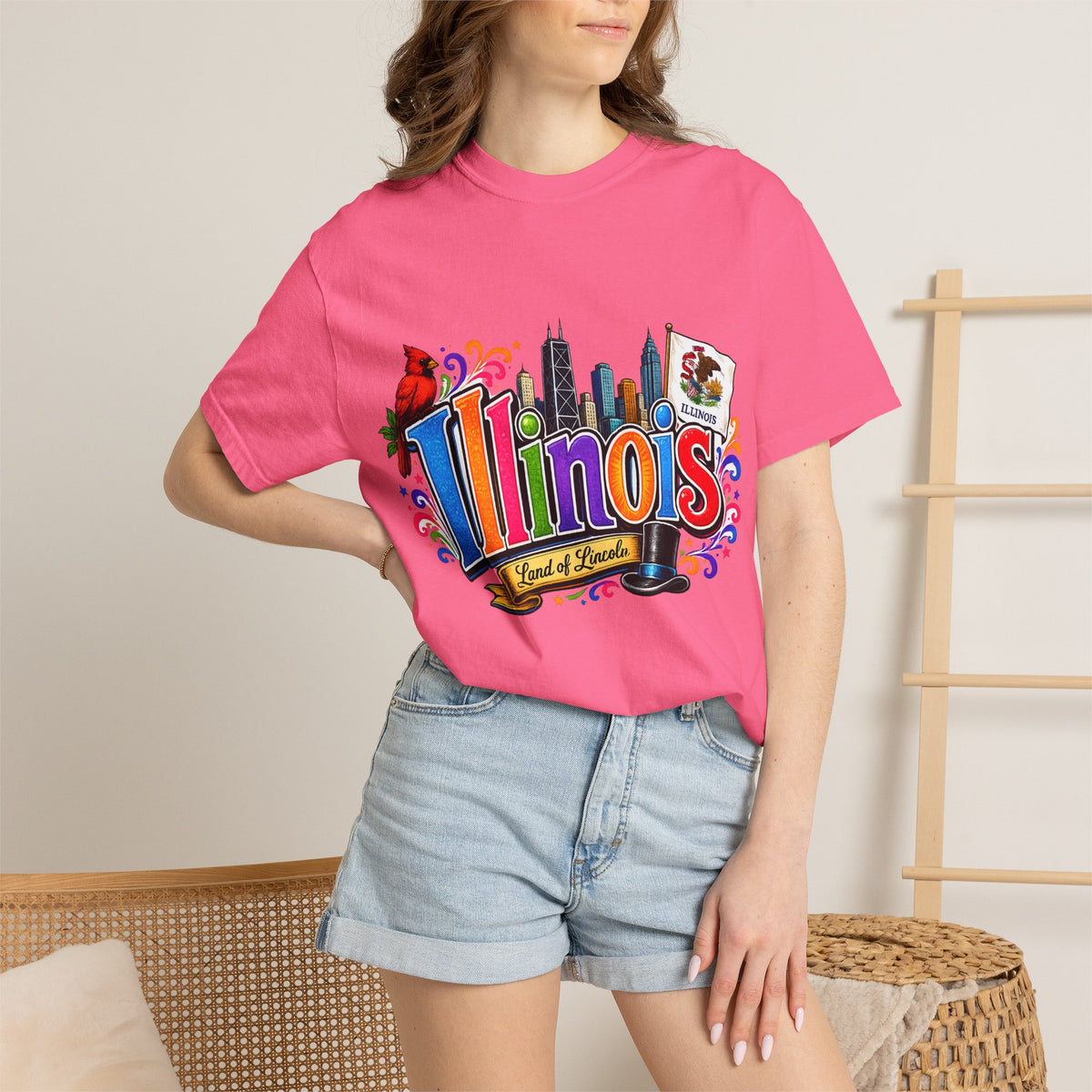 Illinois state skyline tee | Illinois T-shirt with cardinal and state flag