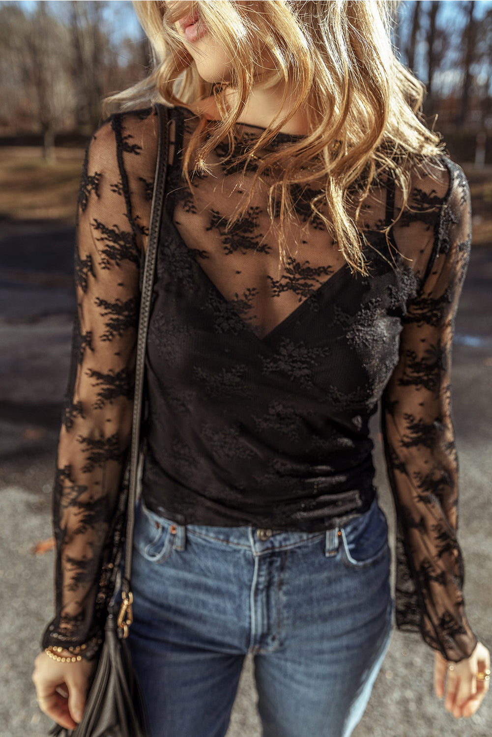 Lace Mesh Crochet Long Sleeve Blouse
