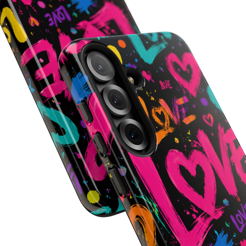 Phone Case — Neon Graffiti "Love" Hearts Protective Tough Case