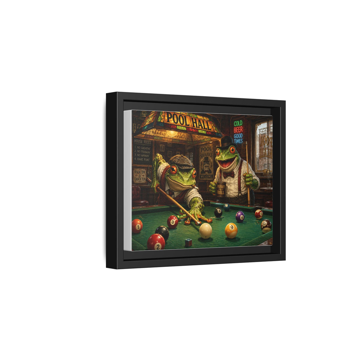 Frogs Playing Pool Matte Canvas Framed