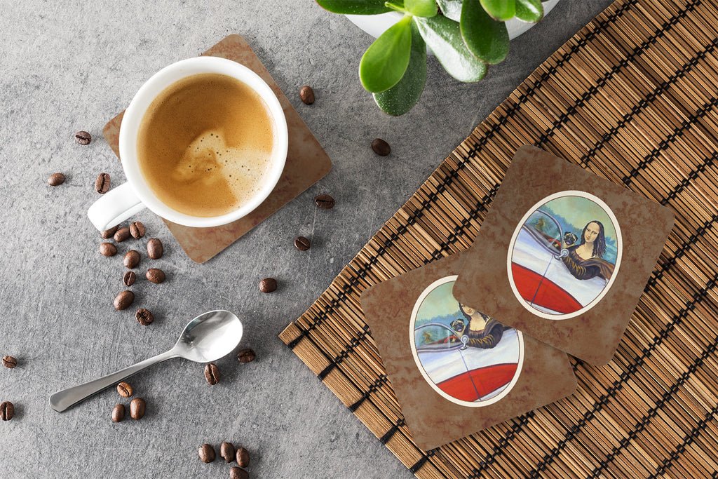 Fawn Pug and Mona Lisa Foam Coasters Set of 4 Cup Coasters for Indoor Outdoor, Tabletop Protection, Anti Slip, Mouse pad Material