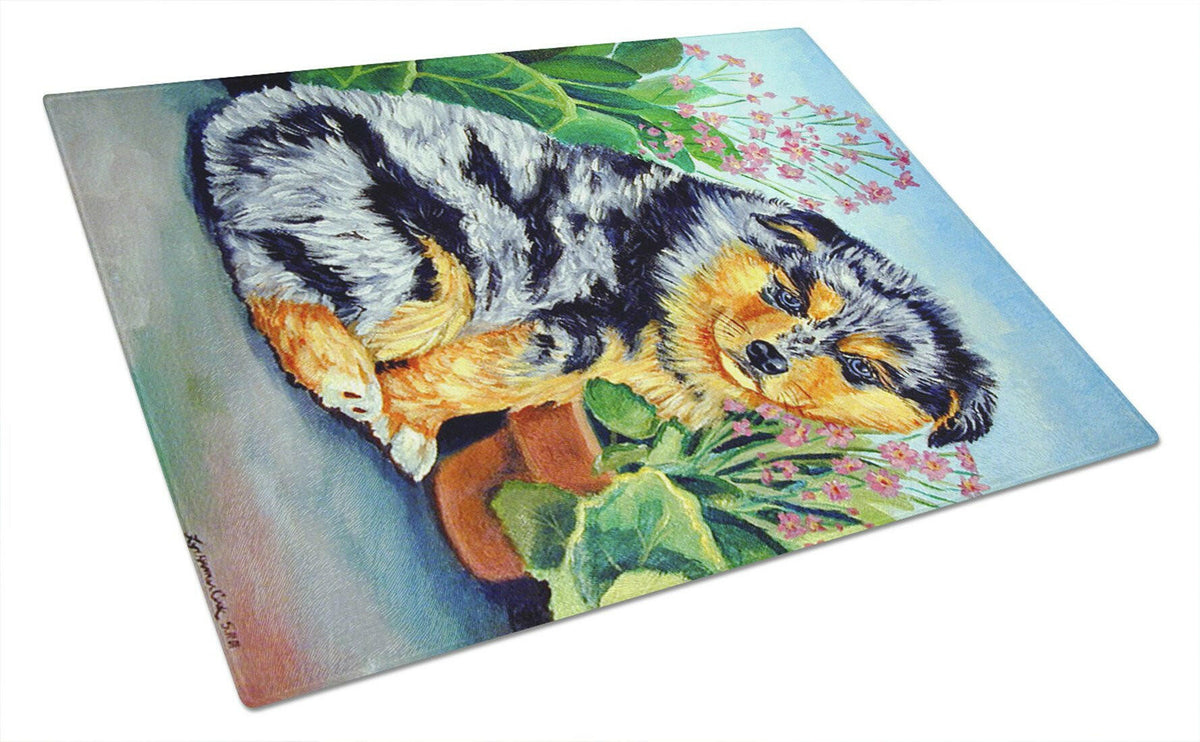 Australian Shepherd Puppy Cutting Board Tempered Glass Kitchen Cutting Surface, Heat Resistant Chopping, Non-Slip Feet, Food Prep & Serving