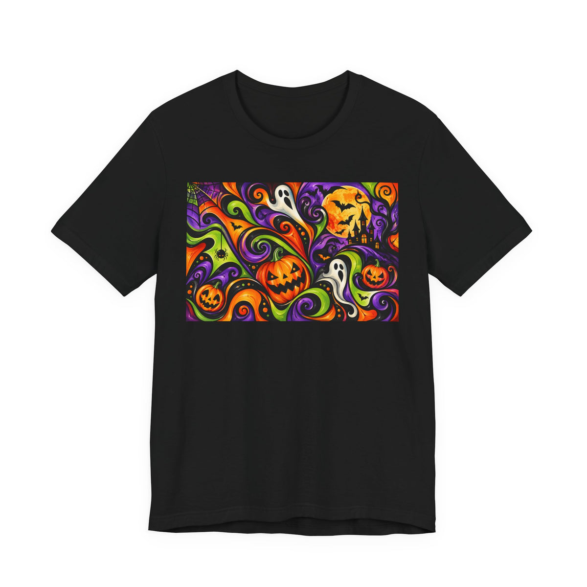 Halloween Swirl Tee — Colorful Pumpkins & Ghosts Graphic T-Shirt