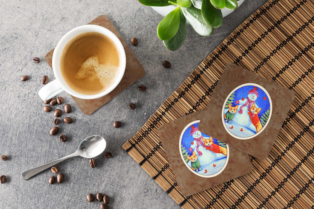 Snowman with Corgi Foam Coasters Set of 4 Cup Coasters for Indoor Outdoor, Tabletop Protection, Anti Slip, Mouse pad Material