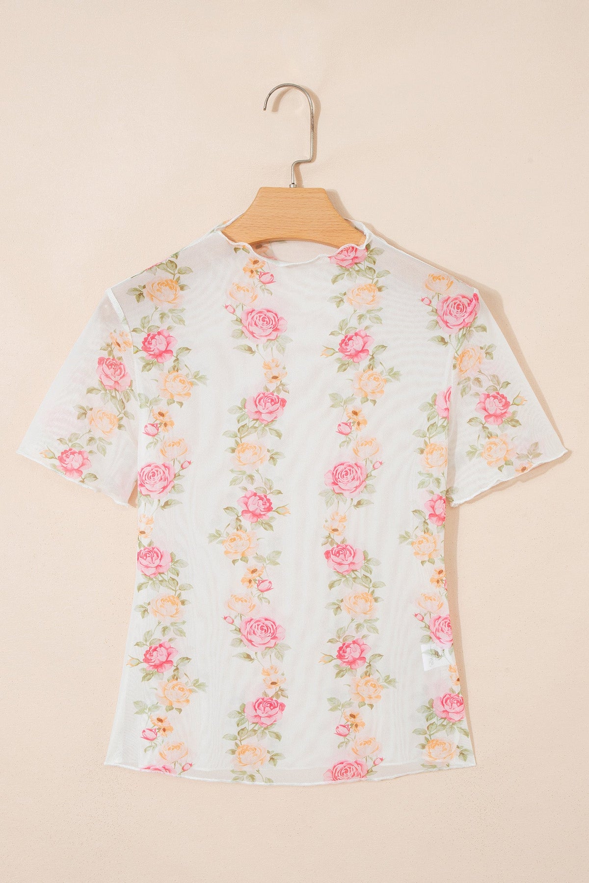 Floral Mesh Mock Neck Short Sleeve Top
