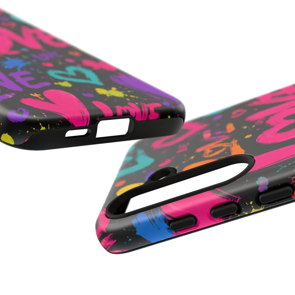Phone Case — Neon Graffiti "Love" Hearts Protective Tough Case