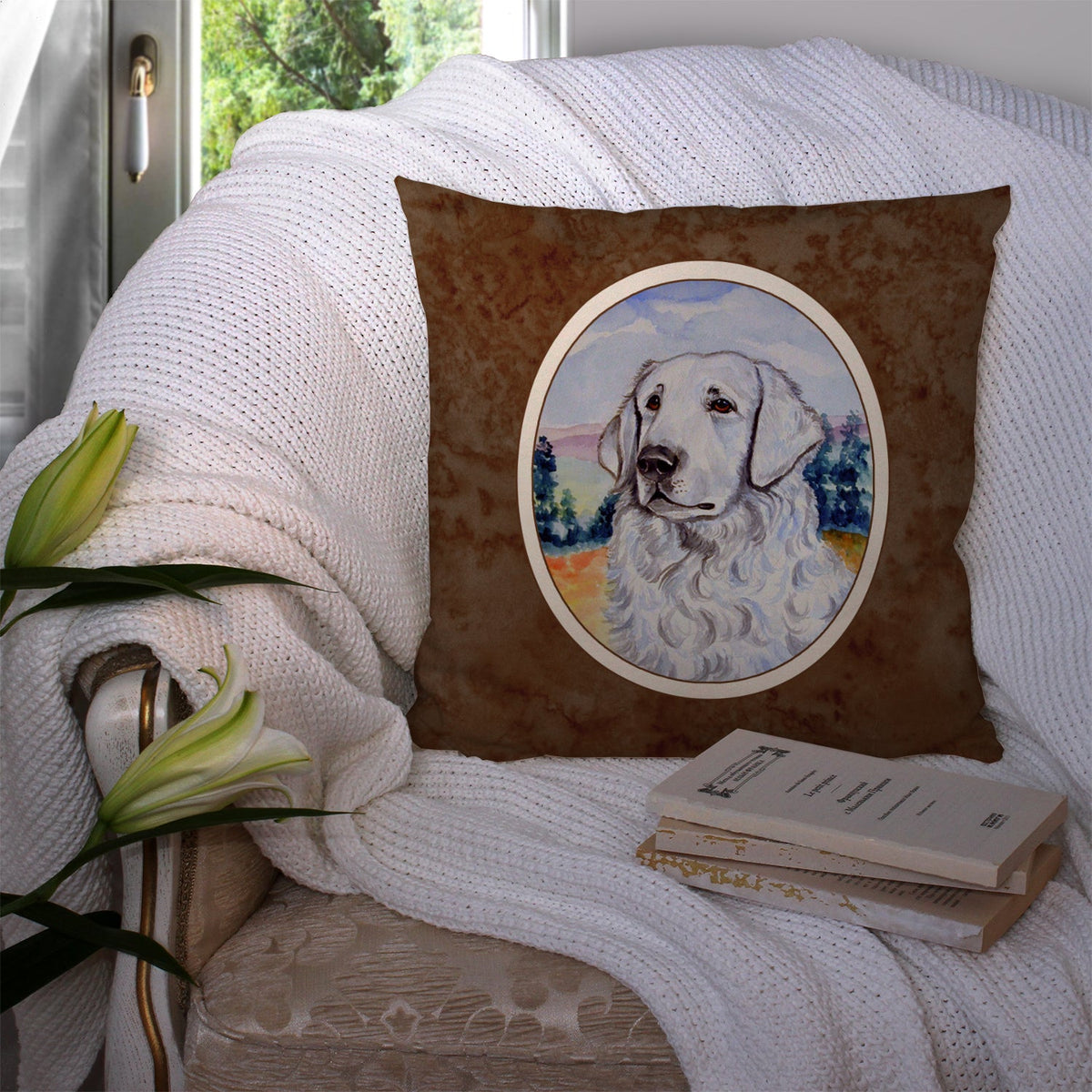Kuvasz Decorative Throw Pillow 14x14 Indoor Outdoor Accent Cushion, Fabric Cover with Insert for Sofa, Bed, Porch & Living Room