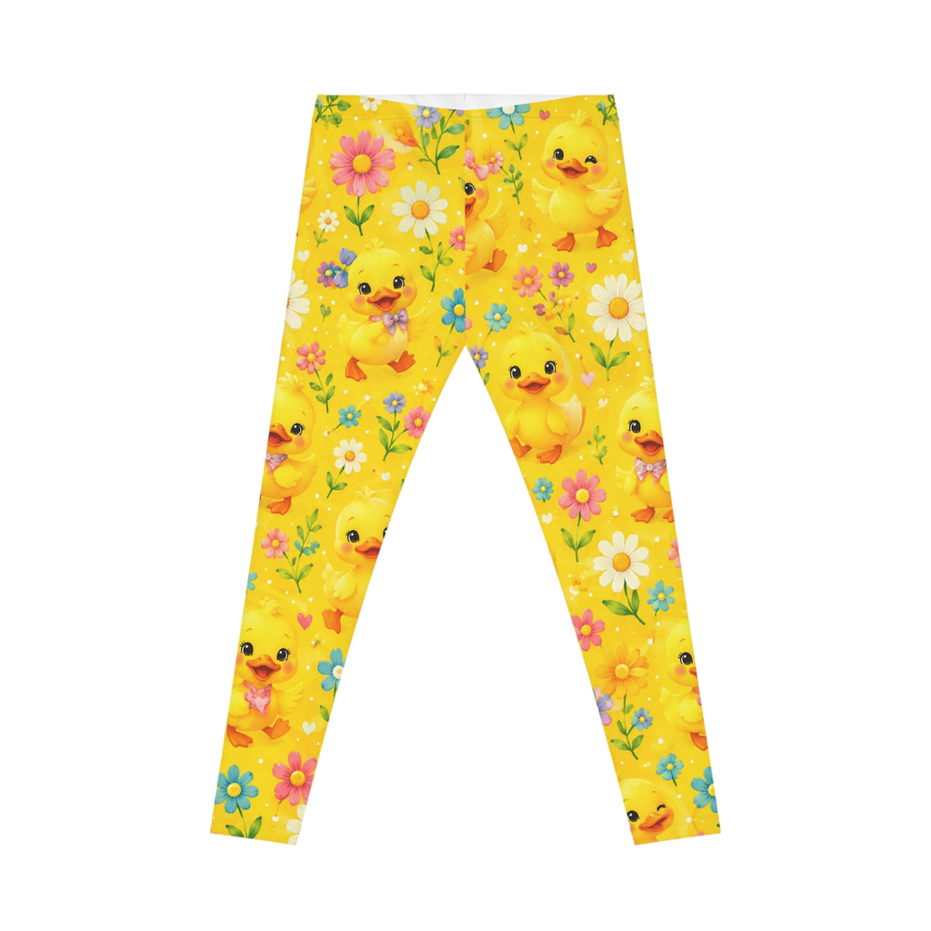 Yellow Floral Duck Leggings — Cute Baby Duck Patterned Women's Leggings
