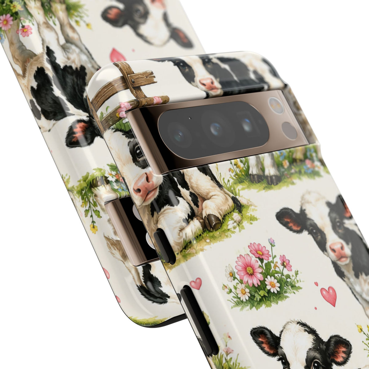 Cute Calf Pattern Phone Case – Pastel Cow Hearts & Flowers Protective Cover