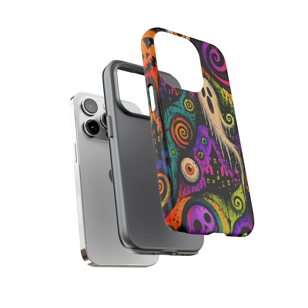 Halloween Ghost Phone Case — Colorful Spooky Skull & Haunted House Tough Case