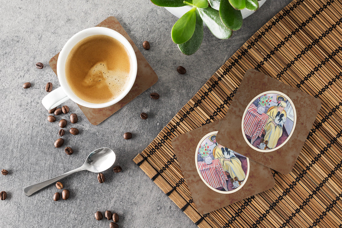Lady with her Papillon Foam Coasters Set of 4 Cup Coasters for Indoor Outdoor, Tabletop Protection, Anti Slip, Mouse pad Material