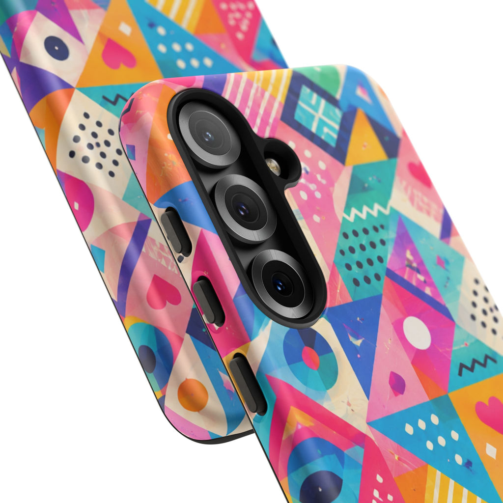 Colorful Geometric Tough Phone Case — Bright Abstract Heart & Triangle Pattern