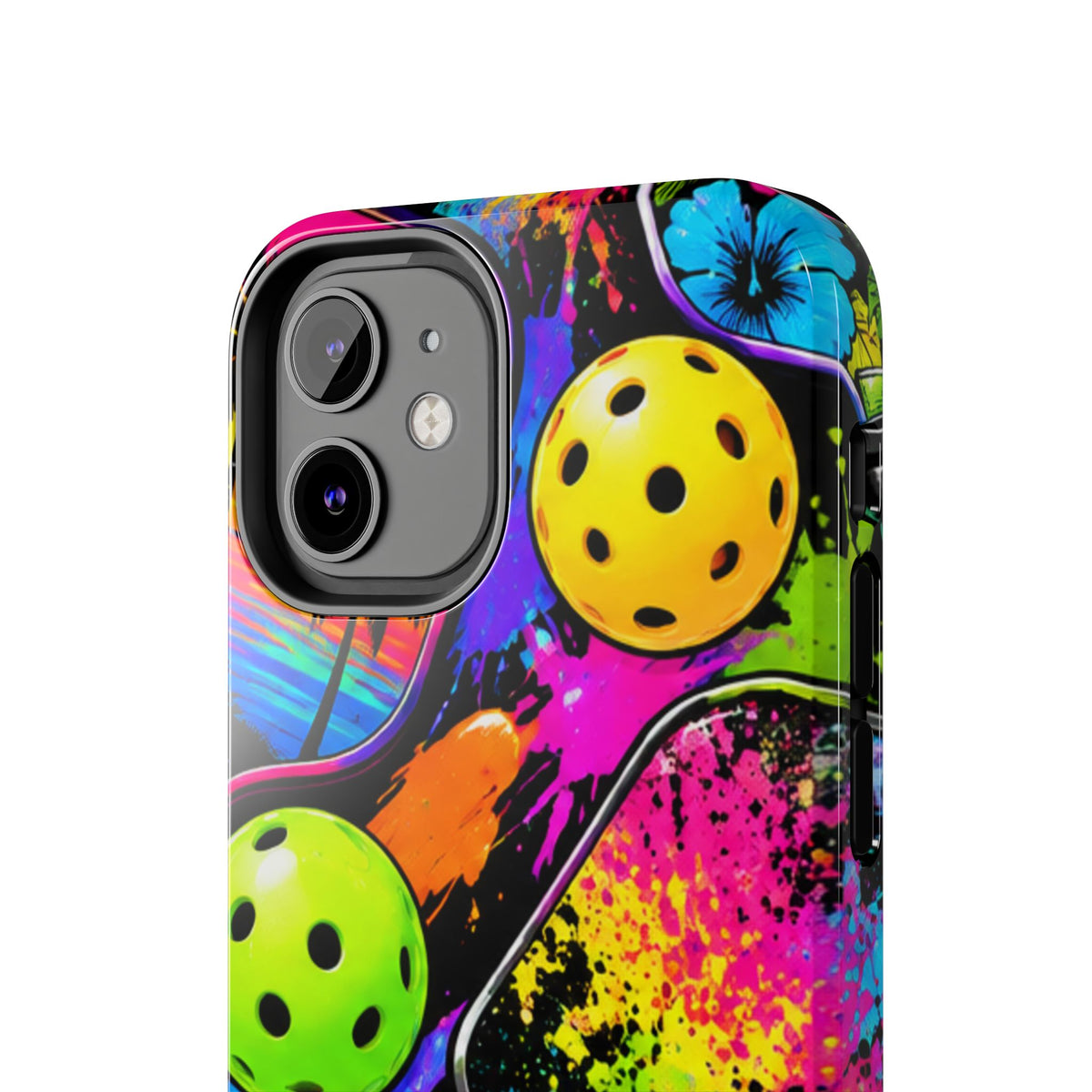 Pickleball Splash Tough Phone Case — Neon Paddle & Ball Protective Cover
