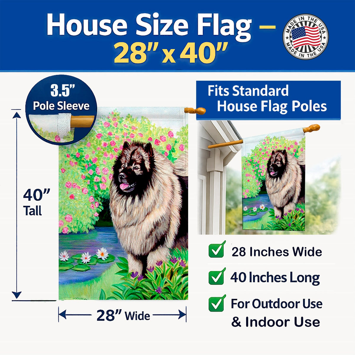 Keeshond House Flag 28x40 Porch Sleeve Pole Decorative Outside Yard Banner Artwork Wall Hanging, Polyester