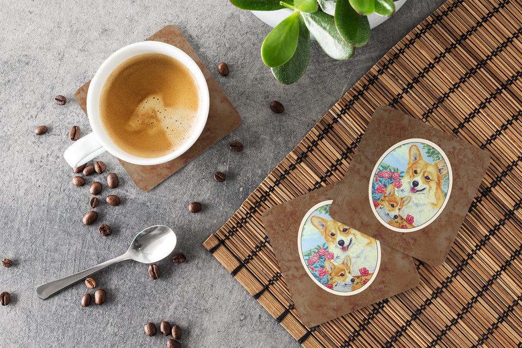 Corgi Momma loves Roses Foam Coasters Set of 4 Cup Coasters for Indoor Outdoor, Tabletop Protection, Anti Slip, Mouse pad Material