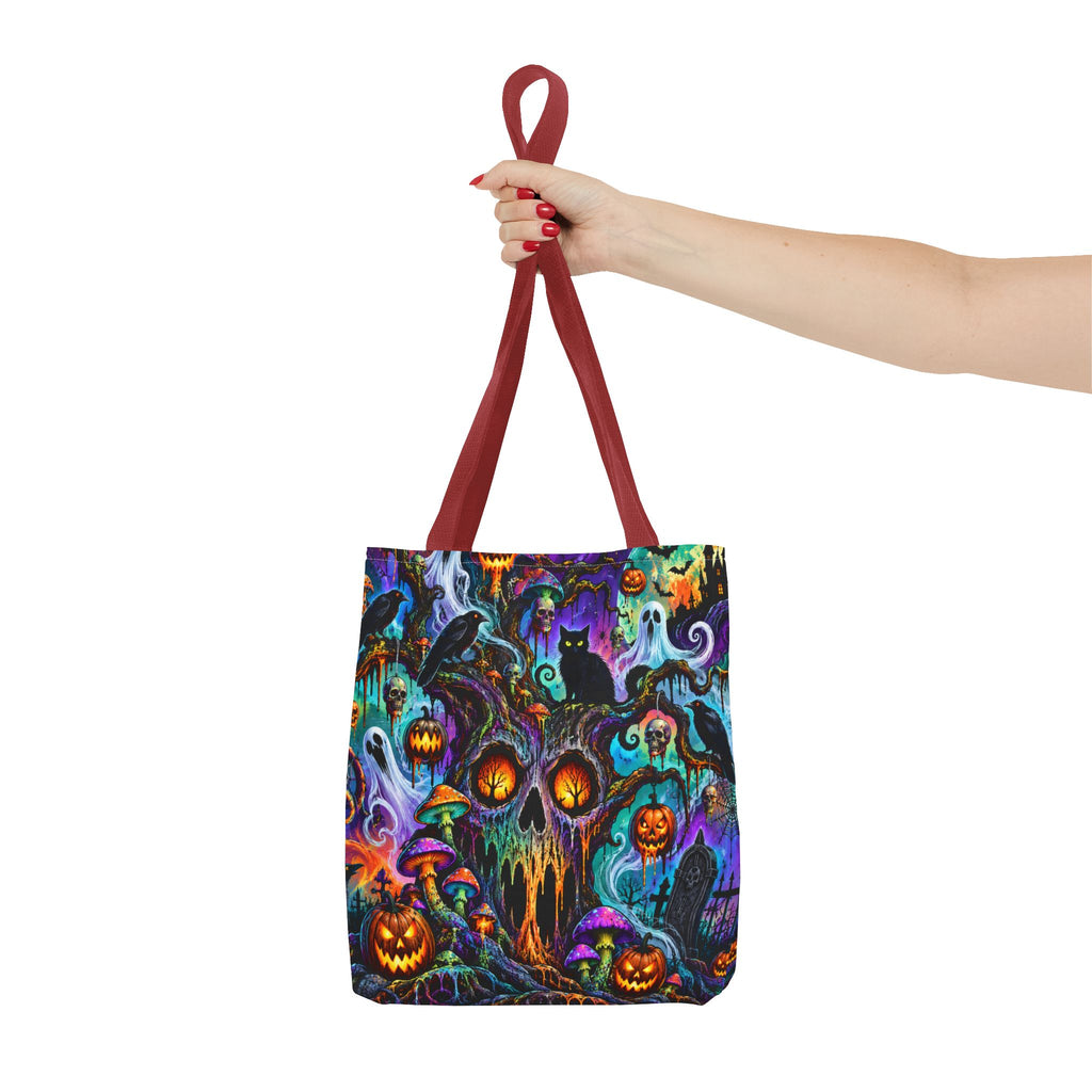 Halloween Haunted Pumpkin Tote Bag — Spooky Cat & Ghosts All-Over Print