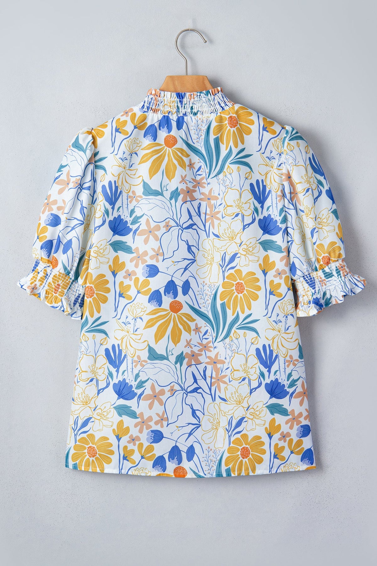 Floral Stripe Trim V-Neck Puff Sleeve Blouse