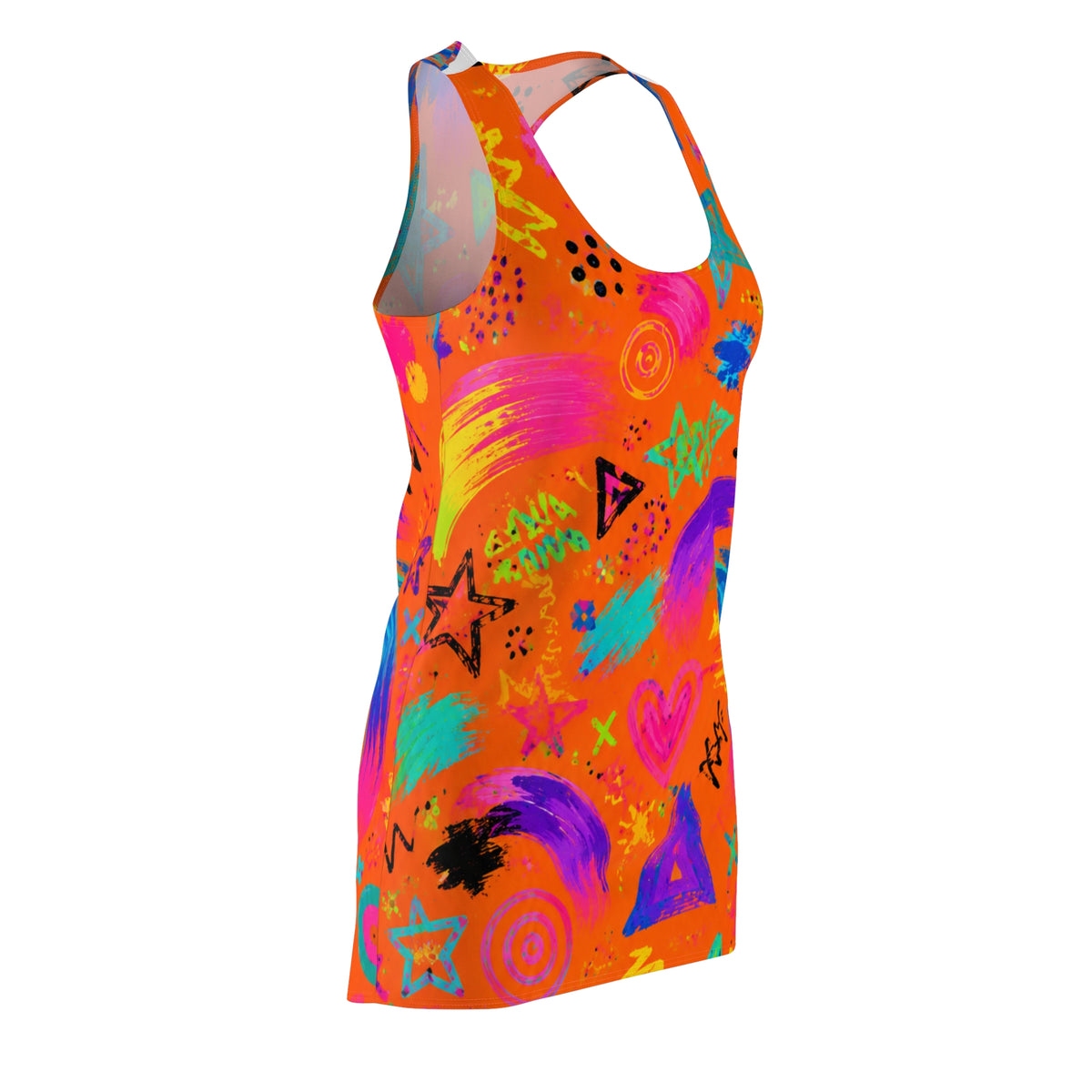 Neon Graffiti Racerback Dress — Bright Abstract Stars & Hearts All-Over Print