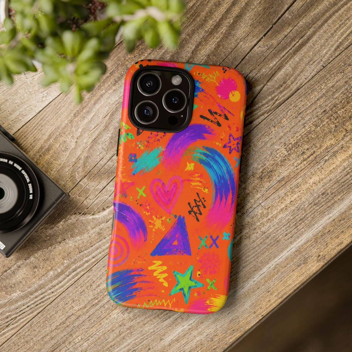 Colorful Neon Doodle Phone Case — Bright Abstract Stars & Hearts Tough Case