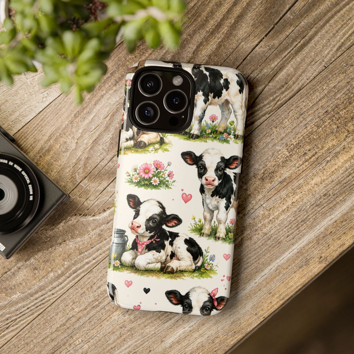 Cute Calf Pattern Phone Case – Pastel Cow Hearts & Flowers Protective Cover