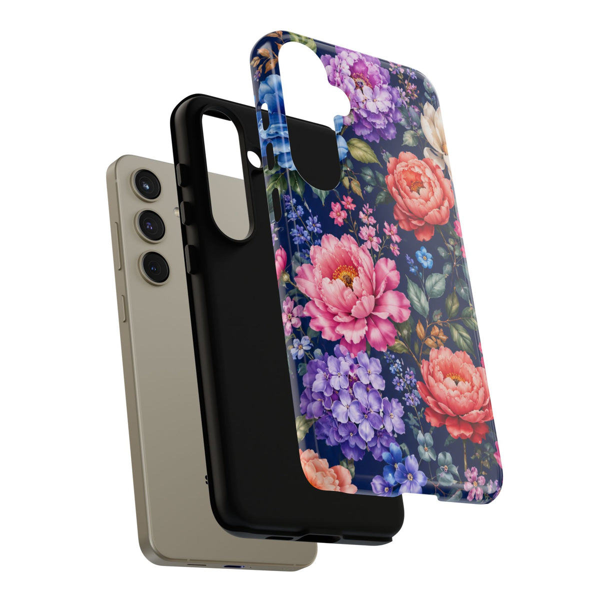 Floral Tough Phone Case – Vibrant Garden Flowers on Navy