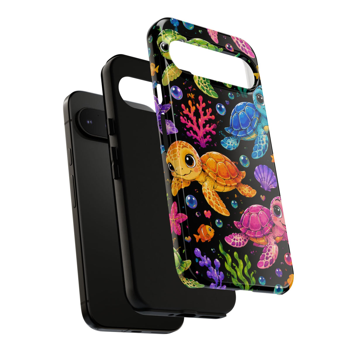Phone Case — Colorful Cute Sea Turtles on Black (Protective Smartphone Cover)