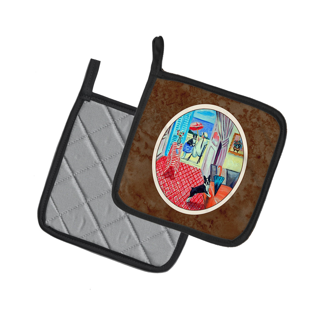 Lady with her Boston Terrier Pot Holder Set of 2 Heat Resistant Quilted Hot Pads 7.5 x 7.5 Inch, Insulated Kitchen Trivets for Cooking & Baking