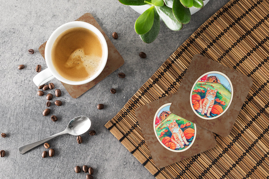 Tabby Cat in Pumpins Foam Coasters Set of 4 Cup Coasters for Indoor Outdoor, Tabletop Protection, Anti Slip, Mouse pad Material