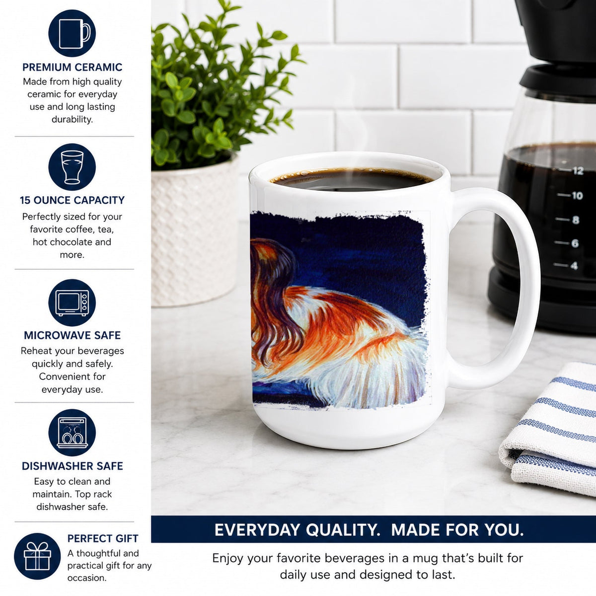 Papillon Ceramic Coffee Mug 15 oz Decorative Large C Handle Mug Cup for Tea, Cocoa Hot Chocolate