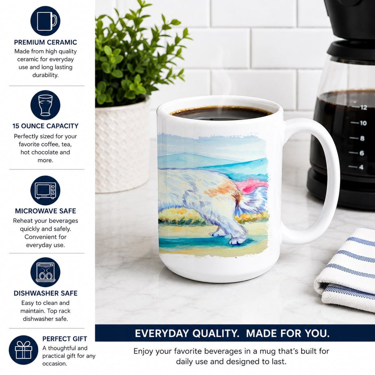 Great Pyrenees Ceramic Coffee Mug 15 oz Decorative Large C Handle Mug Cup for Tea, Cocoa Hot Chocolate