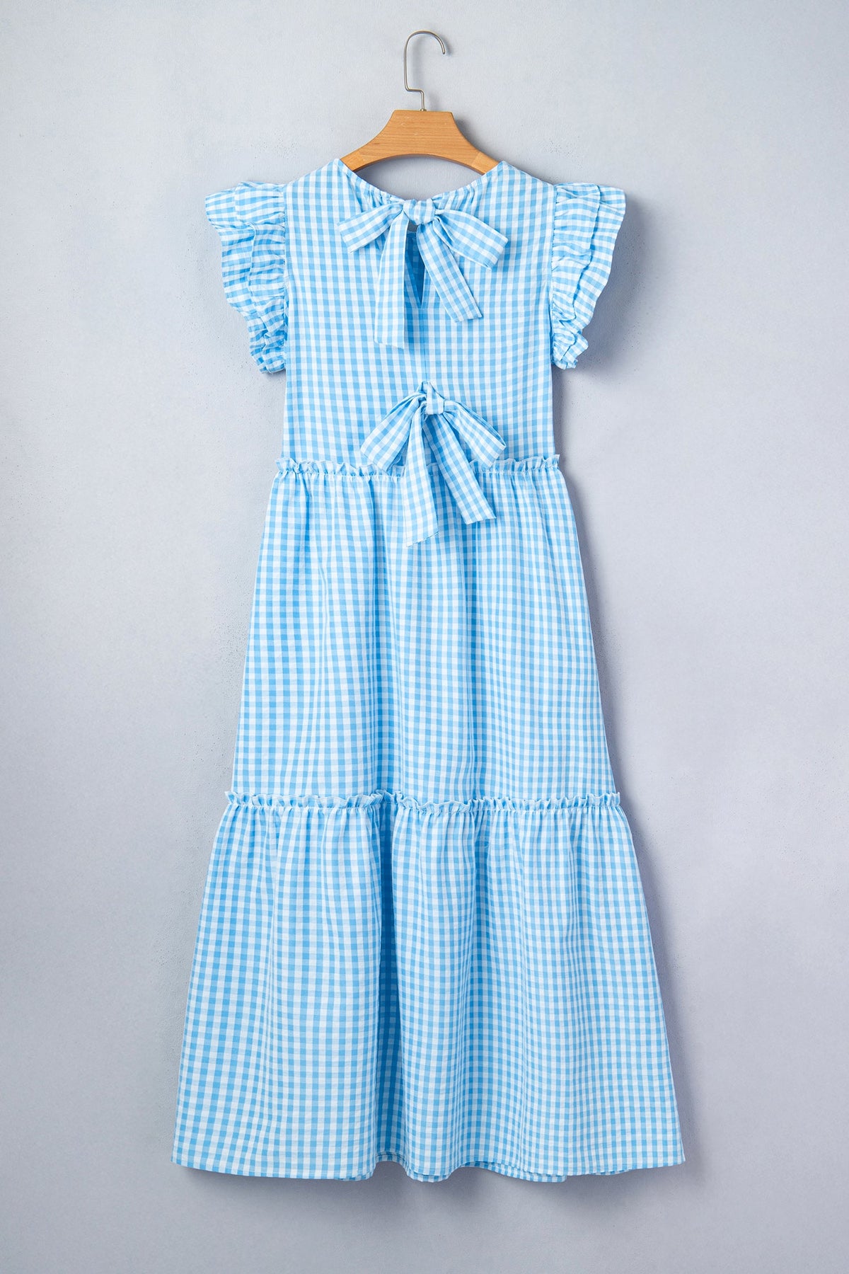 Gingham Knot Back Ruffle Short Sleeve Maxi Dress