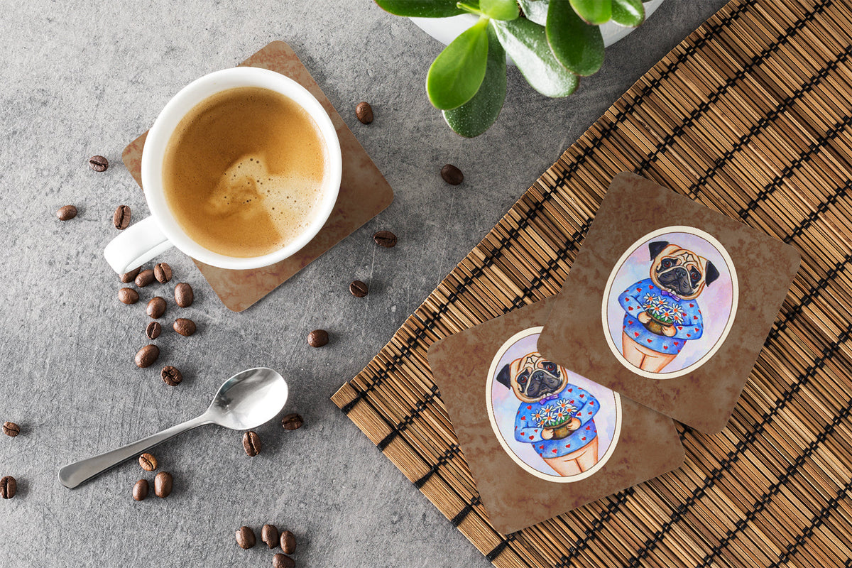 Pug Valentine's Hearts Foam Coasters Set of 4 Cup Coasters for Indoor Outdoor, Tabletop Protection, Anti Slip, Mouse pad Material