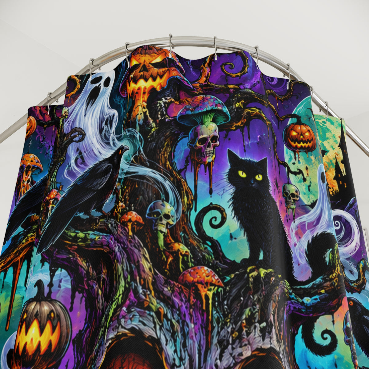 Halloween Haunted Forest Shower Curtain — Spooky Pumpkins, Black Cat & Ghosts
