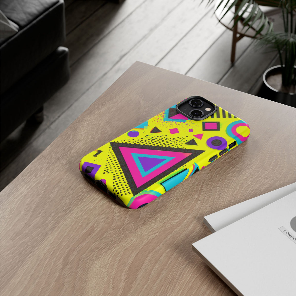 Retro 80s Geometric Phone Case — Neon Memphis Triangle Design
