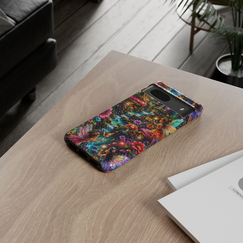 Fairy Garden Tough Phone Case — Whimsical Cottage, Waterfall & Mushroom Artwork