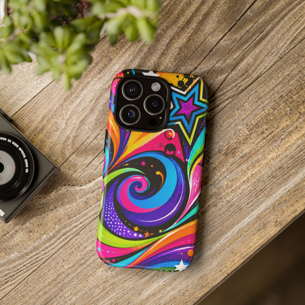Psychedelic Swirl Phone Case — Bold Retro Stars & Neon Pop Art Tough Case