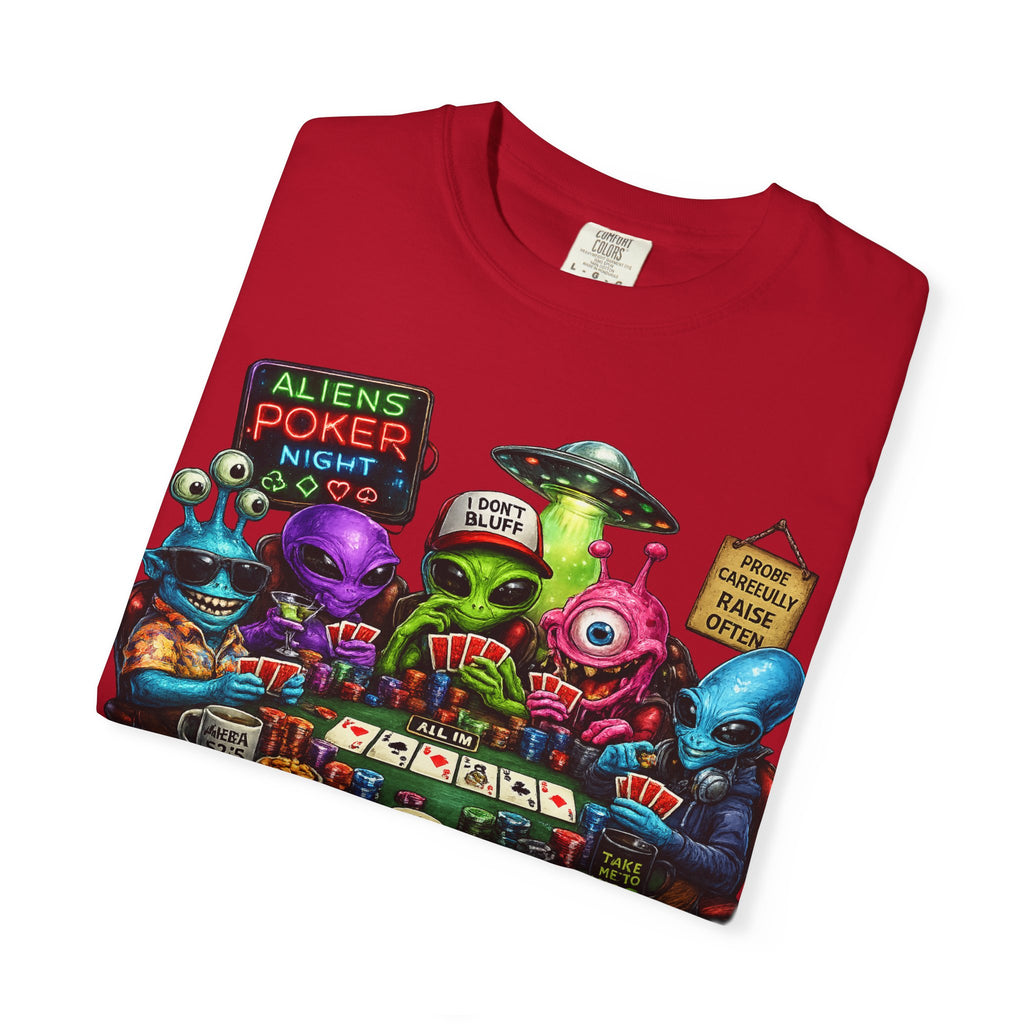 Aliens Poker Night T-shirt | Funny UFO Casino Card Game Design