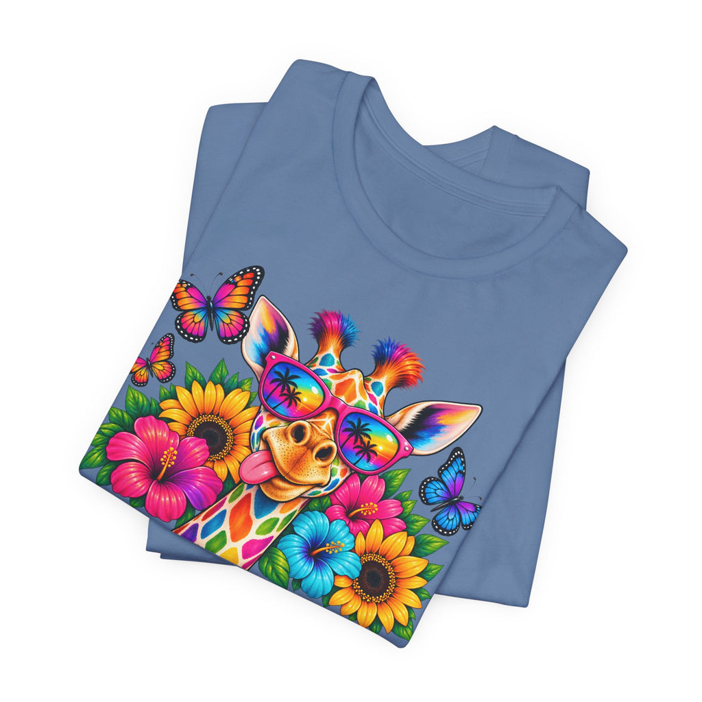 Giraffe Floral Tee — Colorful Butterfly & Sunflower Graphic T-Shirt
