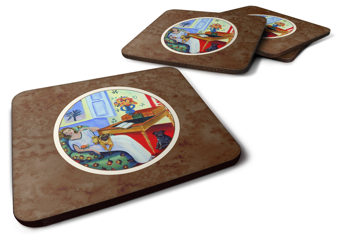 Lady with her Pug Foam Coasters Set of 4 Cup Coasters for Indoor Outdoor, Tabletop Protection, Anti Slip, Mouse pad Material