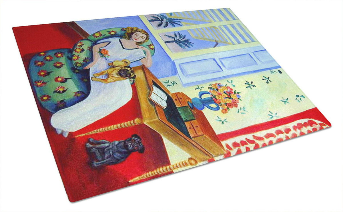 Lady with her Pug Cutting Board Tempered Glass Kitchen Cutting Surface, Heat Resistant Chopping, Non-Slip Feet, Food Prep & Serving