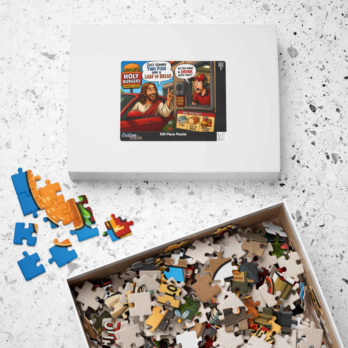 Jesus Drive-Thru Puzzle 520 Piece | Holy Burgers Illustration